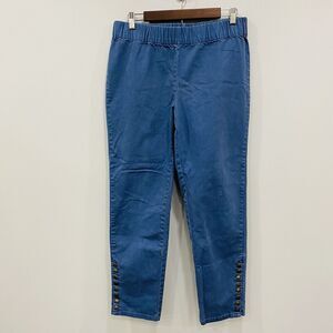 SOFT SURROUNDINGS M Blue Metro Pull On Elastic Waist Crop Ankle Pants Brass Snap